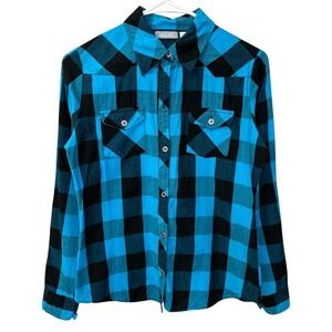 dELiA*s Womens Blue Black Buffalo Plaid Flannel Button Down Shirt Medium Cotton